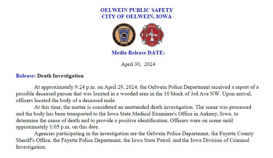 DCI assisting Oelwein PD with death investigation Iowa Department of
